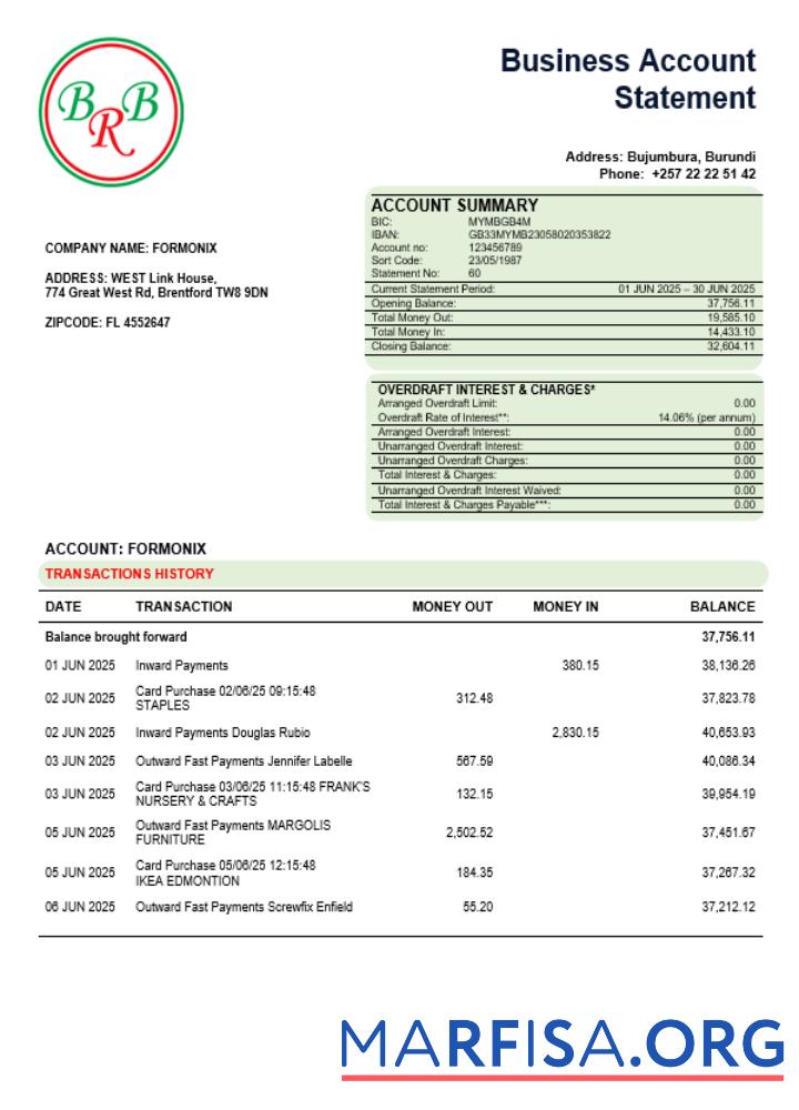 Printable Bank of the Republic of Burundi company statement Word and PDF format example